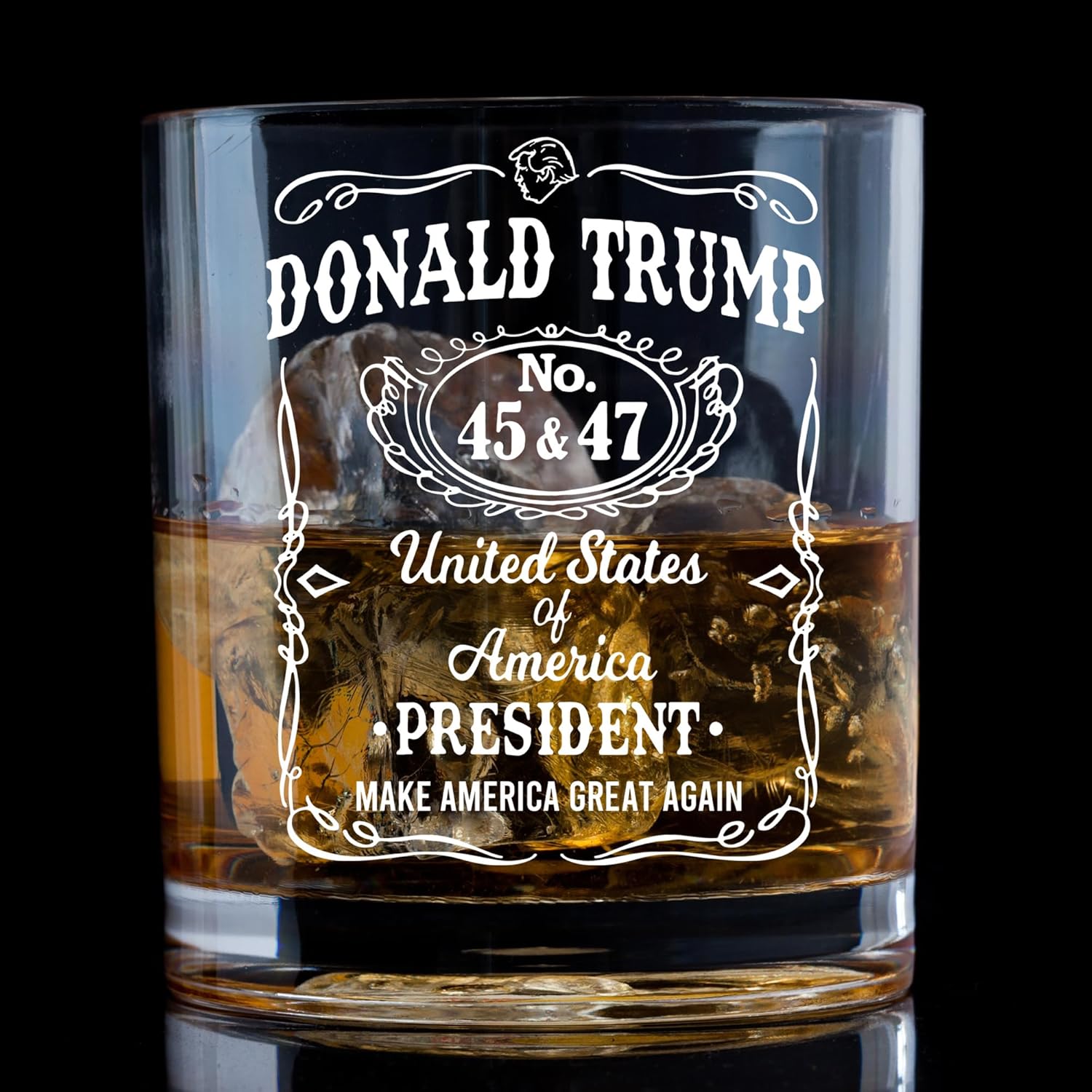 (1-Pack) Donald Trump Whiskey Glass 45 47-11oz Trump Whiskey Glassware - MAGA Merch, Gift for Trump Supporters - Laser Engraved Presidency Design Trump Glasses